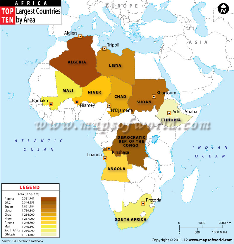 Map Of Top Ten Largest African Countries By Area