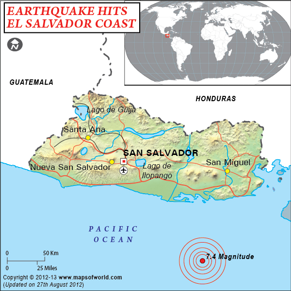 Location Map of Earthquake hits El Salvador Coast