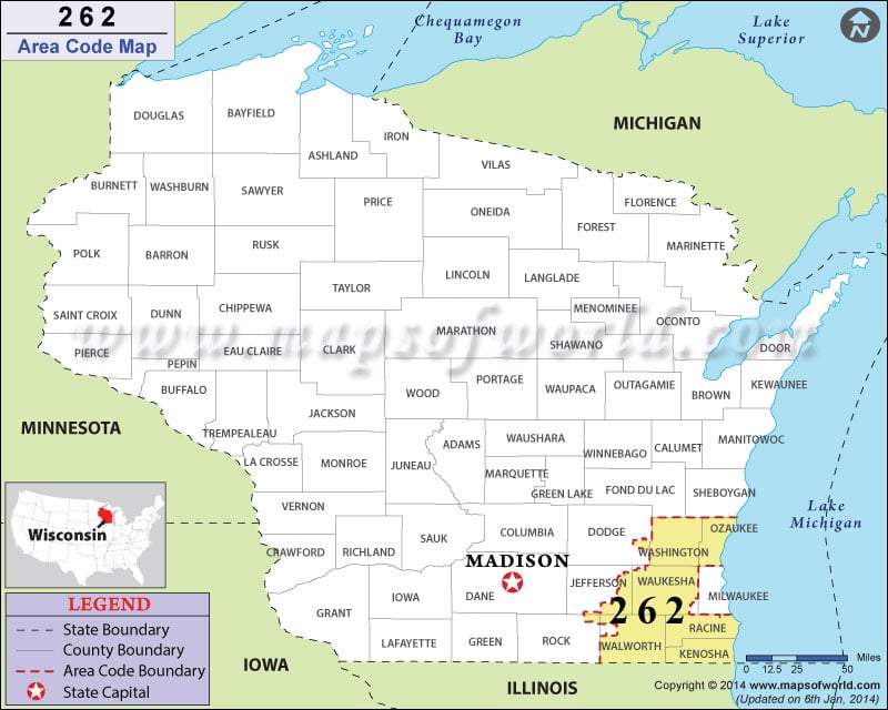 262 Area Code Map Where Is 262 Area Code In Wisconsin