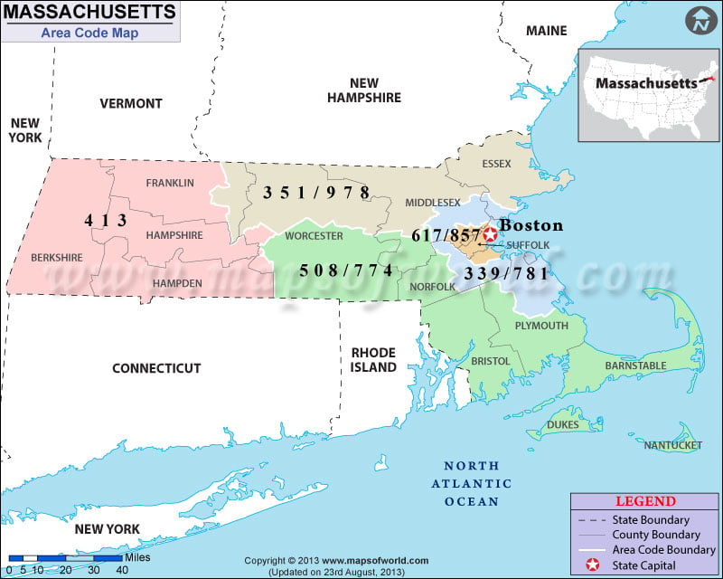 Massachusetts Area Codes Map Of Massachusetts Area Codes