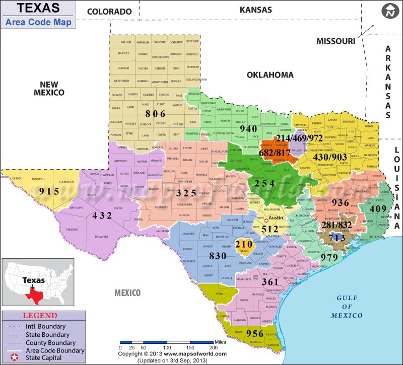 Texas Area Codes Map Of Texas Area Codes 8733