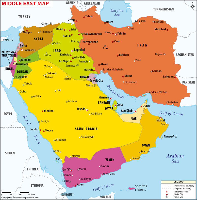 middle east map countries and capitals