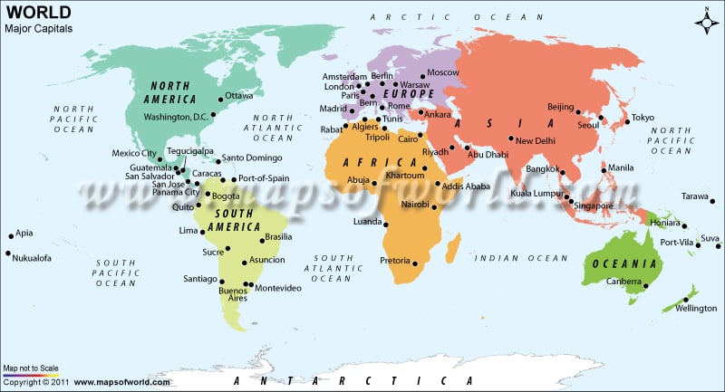 political map of world with countries and capitals
