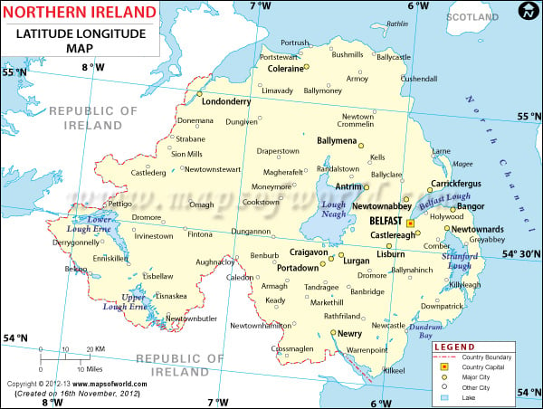 Northern Ireland Latitude and Longitude Map