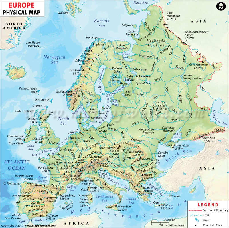 labeled mountain ranges in europe map Europe Physical Map Physical Map Of Europe labeled mountain ranges in europe map