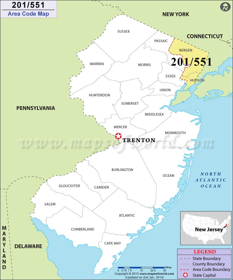 201 Area Code Map, Where is 201 Area Code in New Jersey