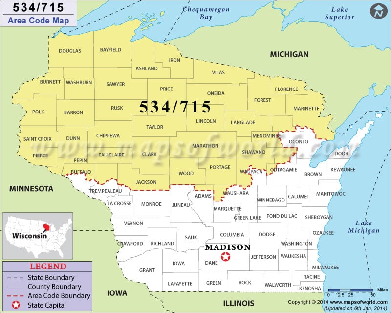 534 Area Code Map, Where is 534 Area Code in Wisconsin