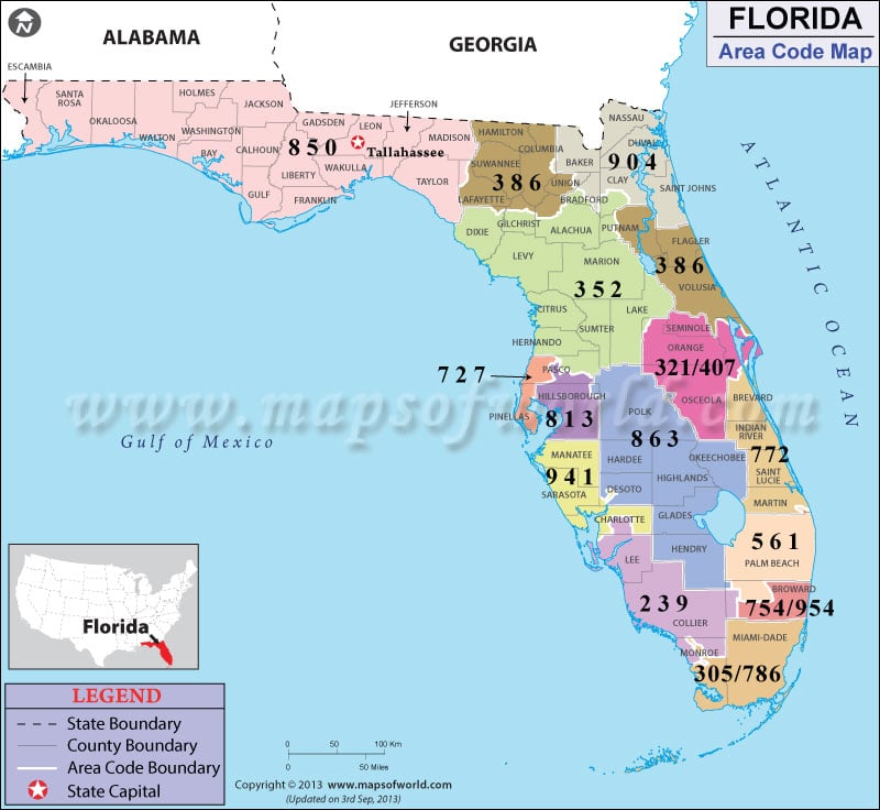 Florida Area Codes | Map of Florida Area Codes
