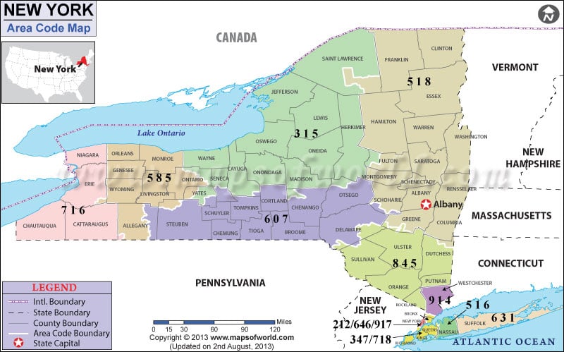 New York Area Codes Map of New York Codes
