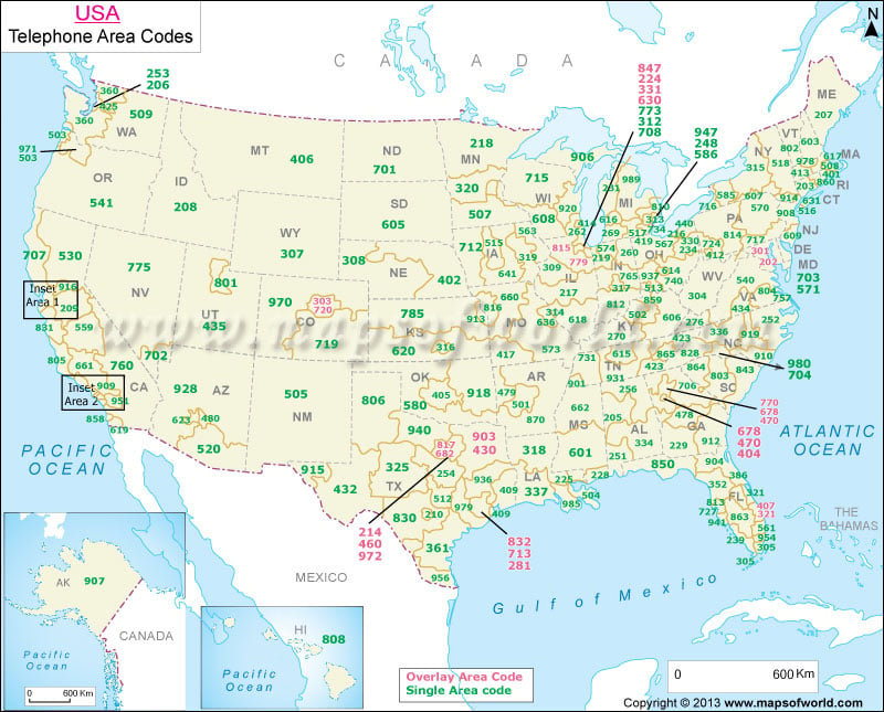 area codes by number usa