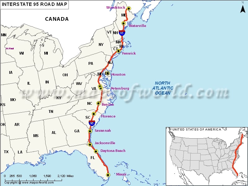 I 95 Map Florida US Interstate 95 (I 95) Map   Miami, Florida to Houlton, Maine