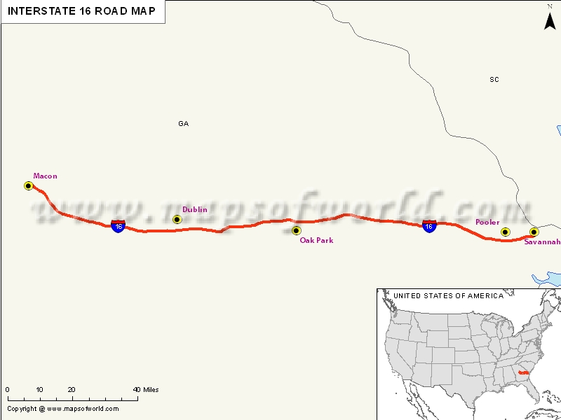 USA Interstate 16 Map