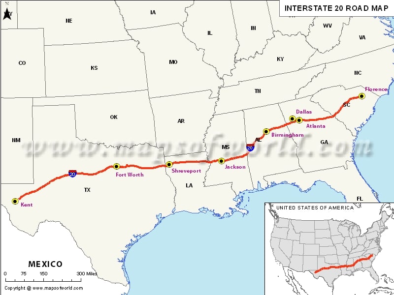 interstate 20 south carolina map Interstate 20 I 20 Map Usa From Kent Texas To Florence interstate 20 south carolina map