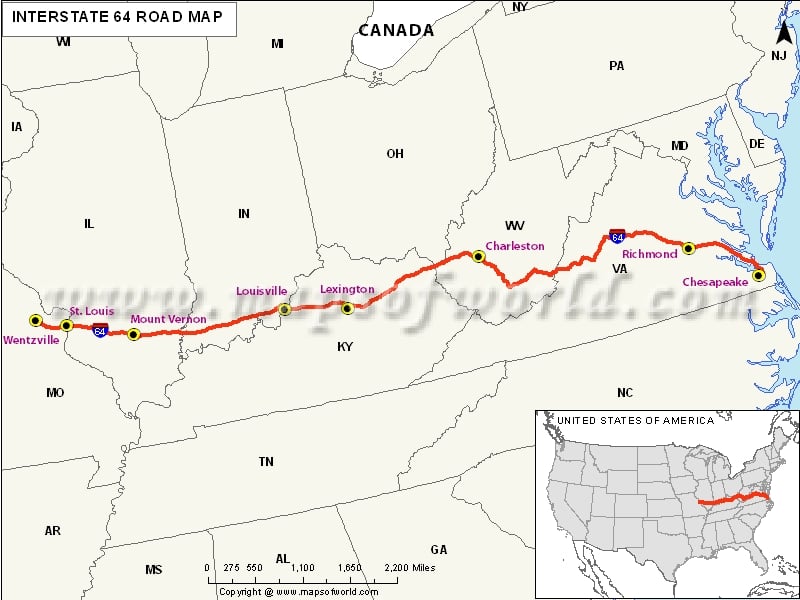 US Interstate 64 (I-64) Map - Wentzville, Missouri to Chesapeake ...