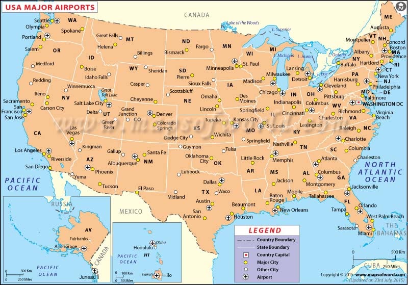 Us Major Airports Map US Airports Map, Map of US Airports, List of Airports In States of USA