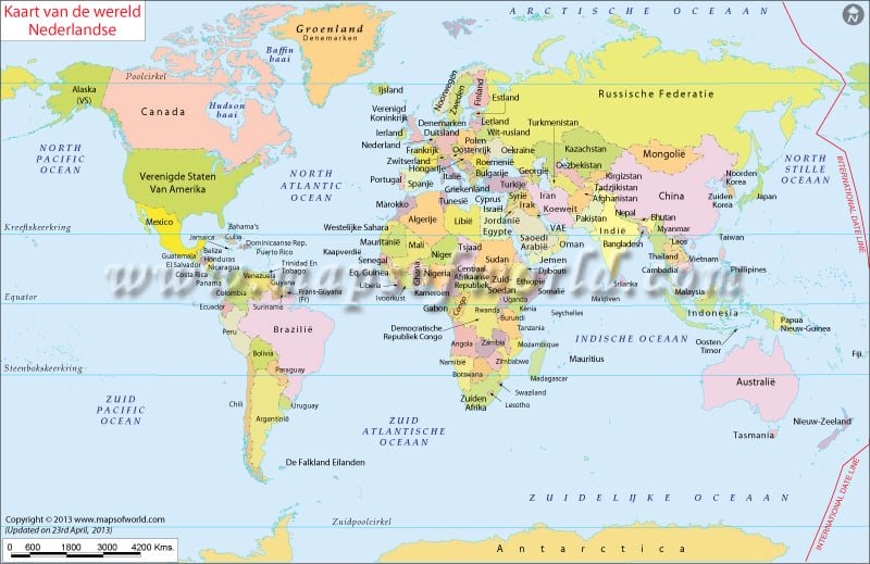 Kaart van de Wereld - World Map in Dutch